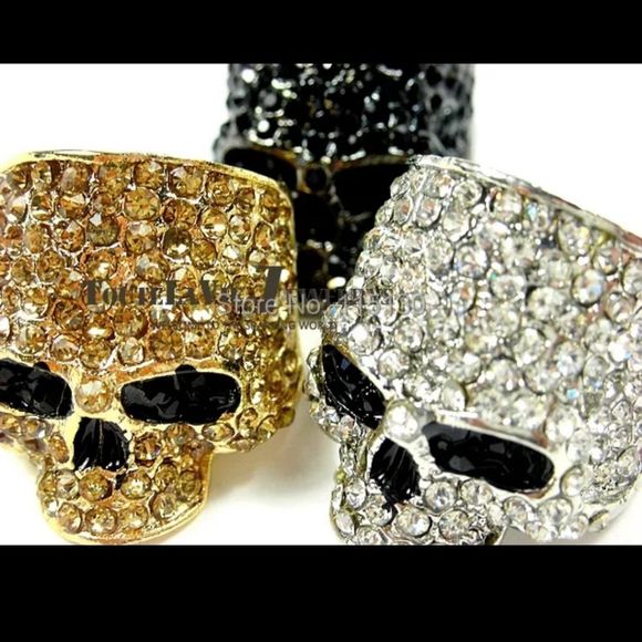 Silver gold and black titanium crystal goth skull punk Biker ring new - Picture 6 of 7